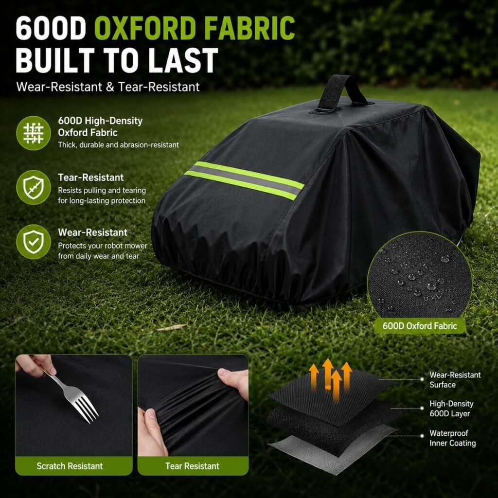 Robot Lawn Mower Cover for Belrobotics Bigmow GPS-RTK BM-1050, Heavy Duty 600D Oxford Fabric with Reflective Strip, Elastic Hem  Handle Strap, All Weather Dust UV Rain Resistant,Black