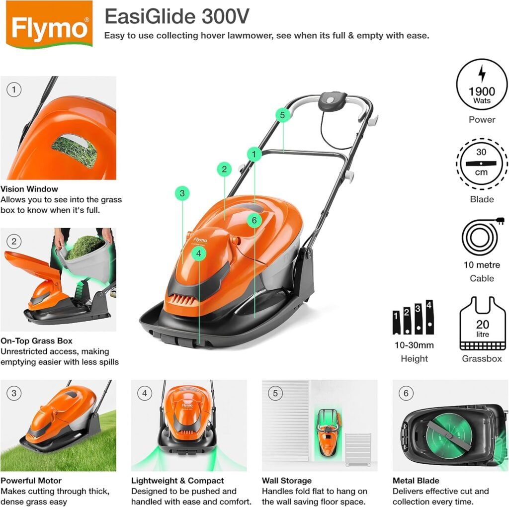 Flymo EasiGlide 360V Hover Collect Lawn Mower - W Motor, cm Cutting Width, Litre Grass Box, Folds Flat, m Cable Length, Orange and Grey Flymo EasiGlide 360V Hover Collect Lawn Mower - W Motor, cm Cutting Width, Litre Grass Box, Folds Flat, m Cable Length, Orange and Grey